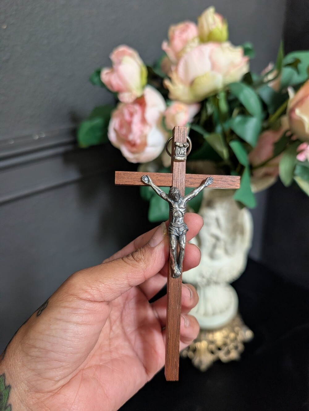 Vintage INRI Cast Metal & Wood Crucifix Cross Relic Religion INRI Wall decor, 5"